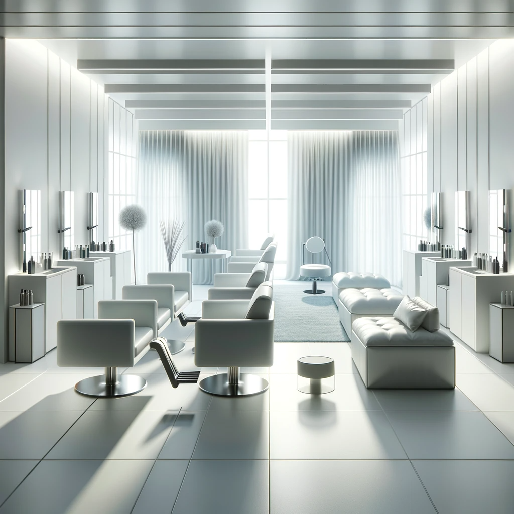 Minimalistic and serene salon suite with clean lines and natural colors.